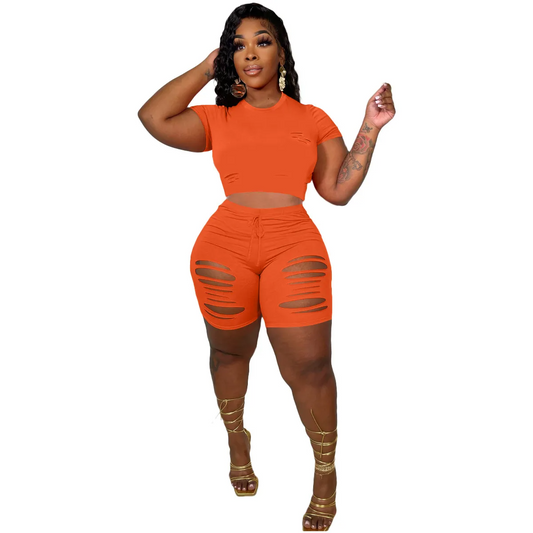 Savvy Cutout Short Sleeve Top & Ripped Biker Shorts Set  Castello Clothing Line   