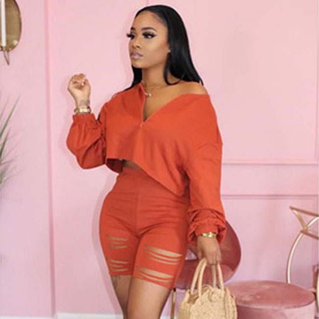 Flaire Distressed Long Sleeve Top & Cutout Shorts Set  Castello Clothing Line   