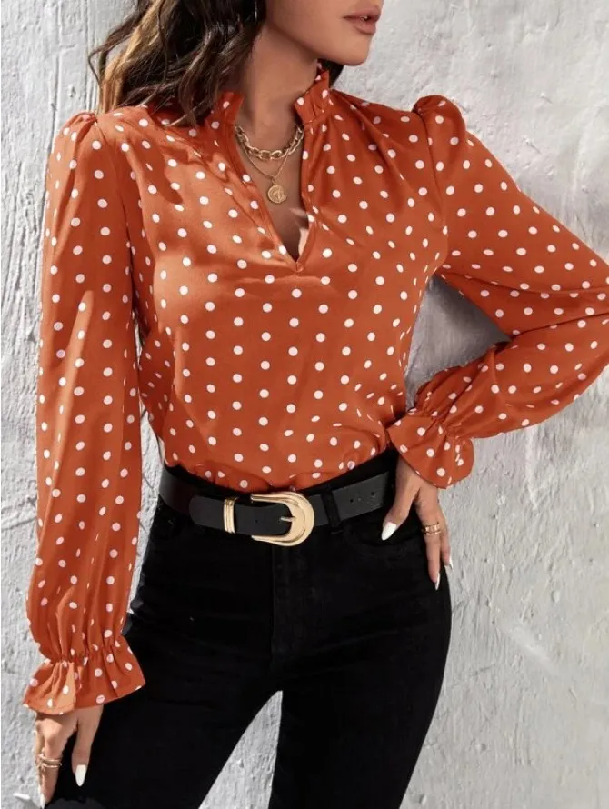 Amara Polka Dot V-Neck Puff Sleeve Blouse Castello Clothing Line