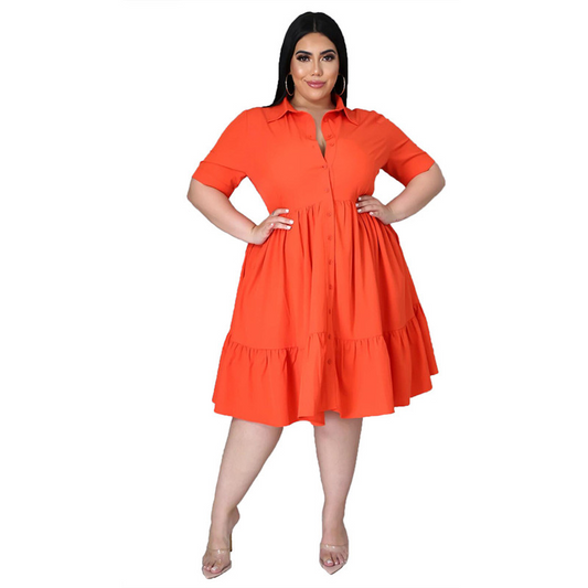 Plus Size Ruffle Shirt Dress | Short Sleeve | Single Breasted | Polyester  Castello Clothing Line   