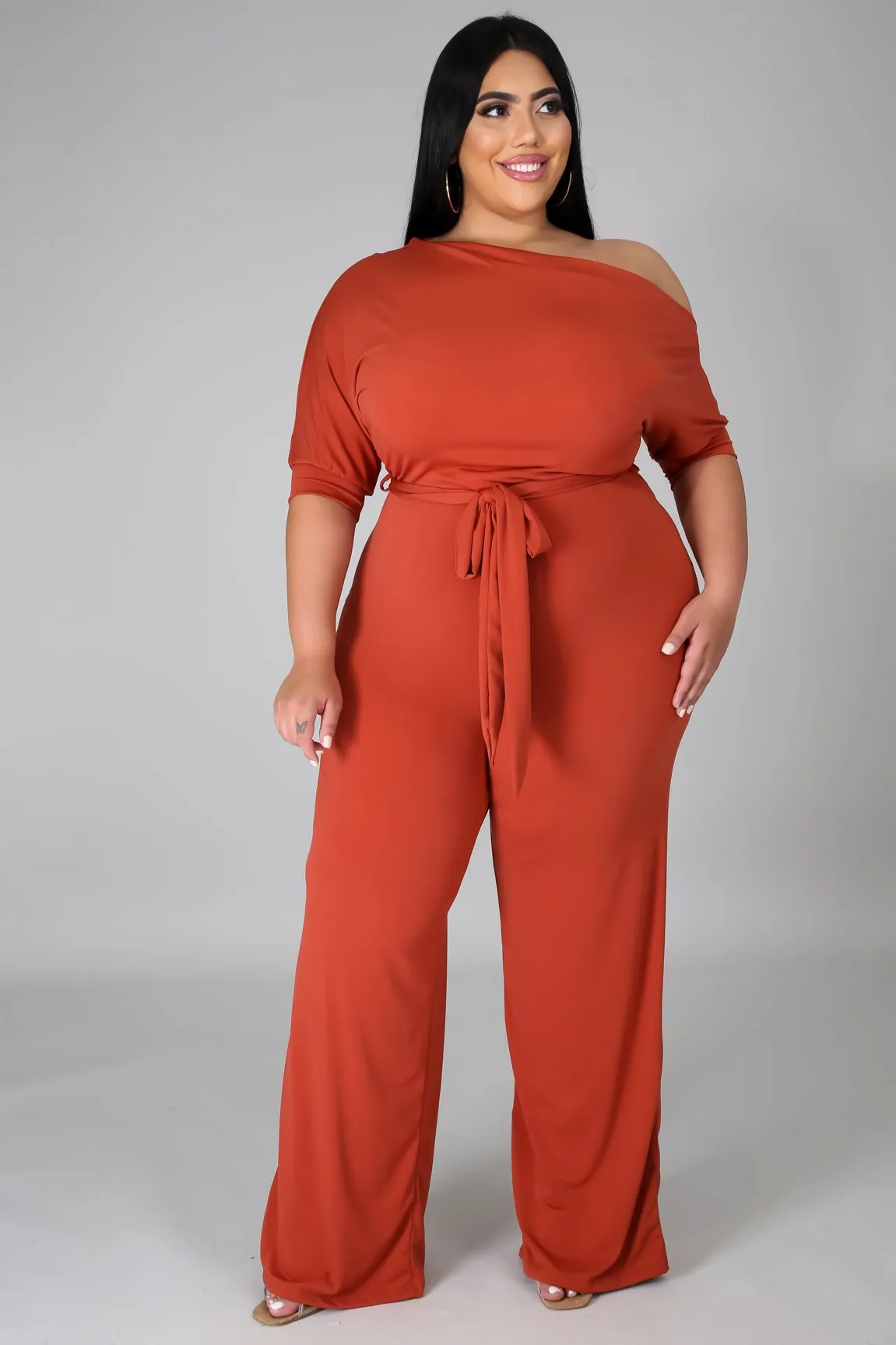 Abigail Plus Size Off-Shoulder Belted Wide-Leg Jumpsuit women jumpsuits Castello Clothing Line