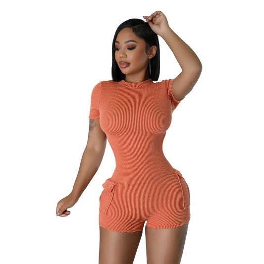 Pulse Ribbed Cutout Short-Sleeve Romper  Castello Clothing Line   