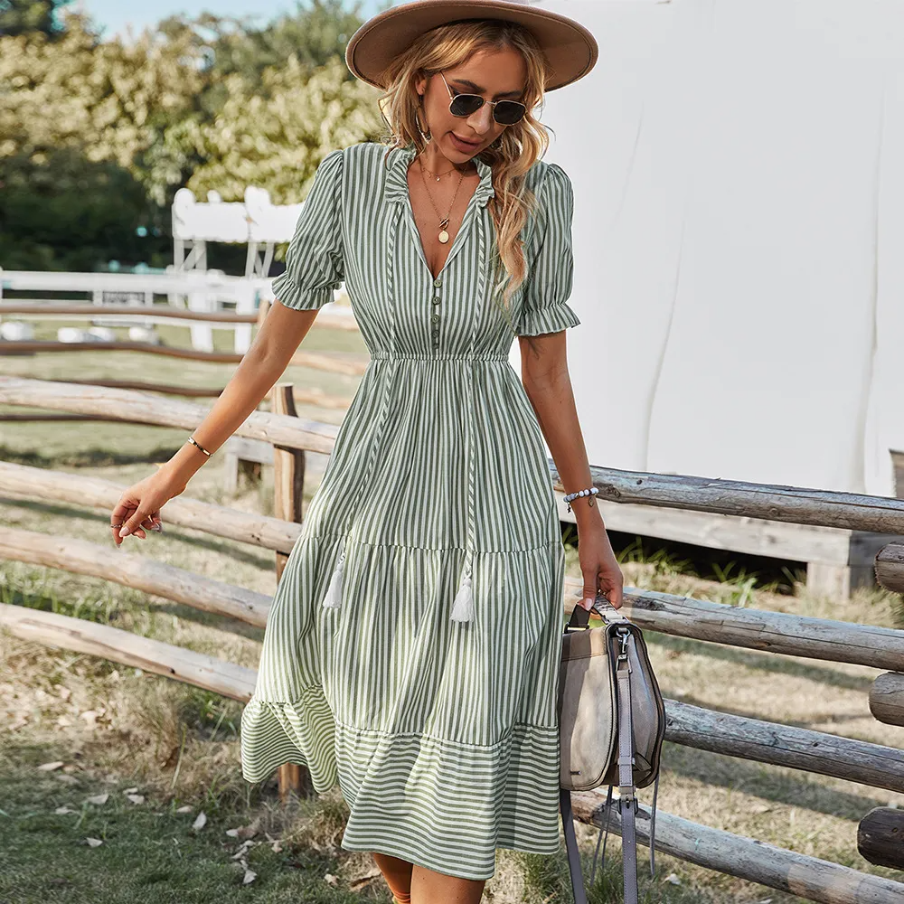 Sophie Striped Short Sleeve Button-Up Midi Dress Castello Clothing Line