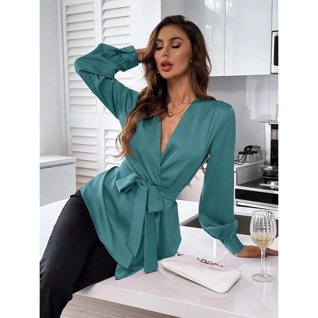 Goddess Wrap V-Neck Long Sleeve Belted Satin Blouse Castello Clothing Line