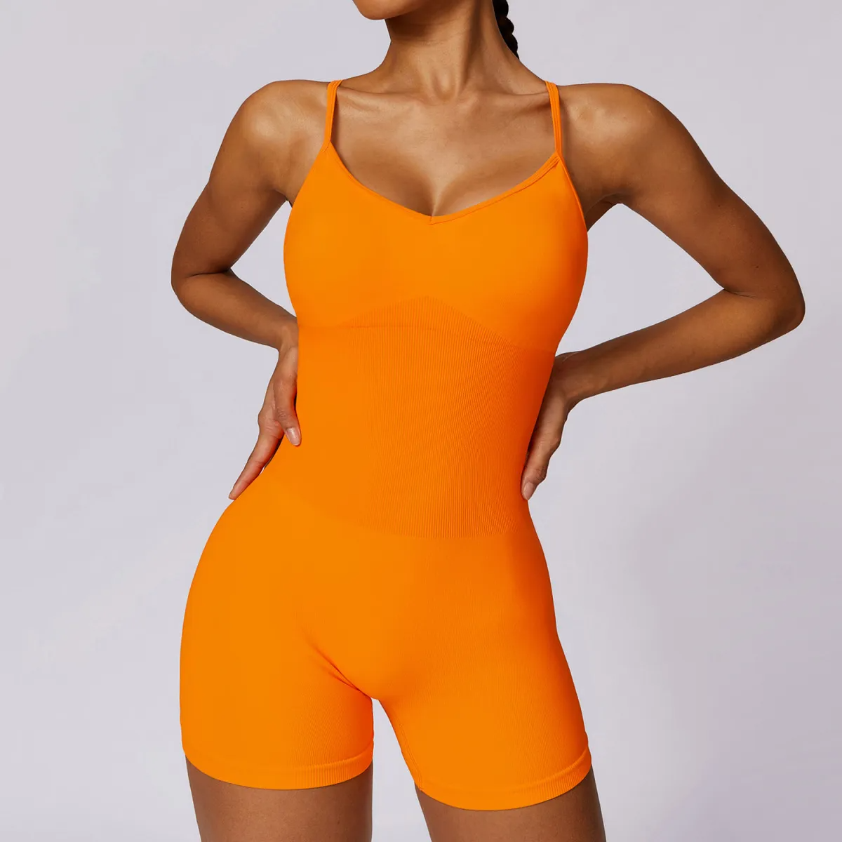 Ria Sleeveless V-Neck Strappy Crossback Romper athletic rompers Castello Clothing Line