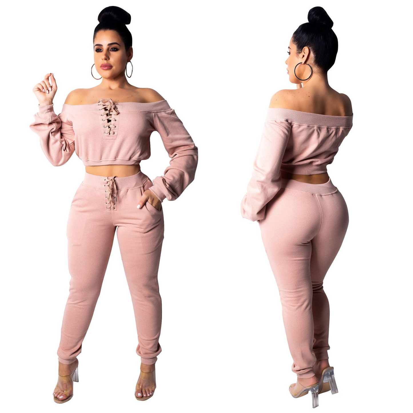 Flirt Lace-Up Off Shoulder Jogger Lounge Set  Castello Clothing Line   
