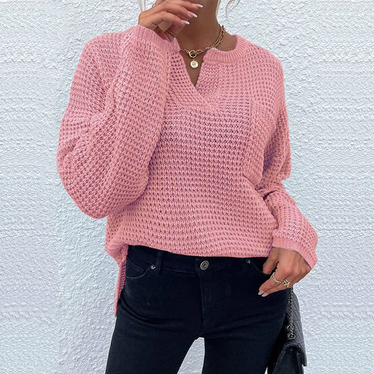 Horizon Waffle Knit V-Neck Long Sleeve Sweater Castello Clothing Line