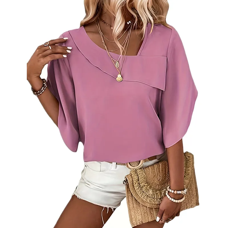 Glow Up Asymmetric Batwing Short Sleeve Blouse Castello Clothing Line