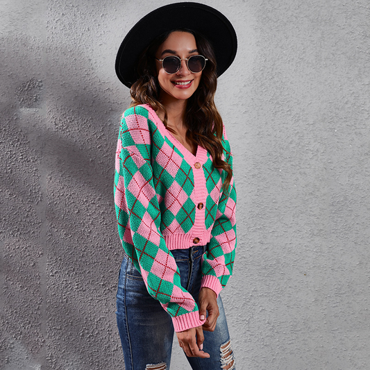 Argyle Vibes Button-Up Long Sleeve Knit Cardigan Castello Clothing Line
