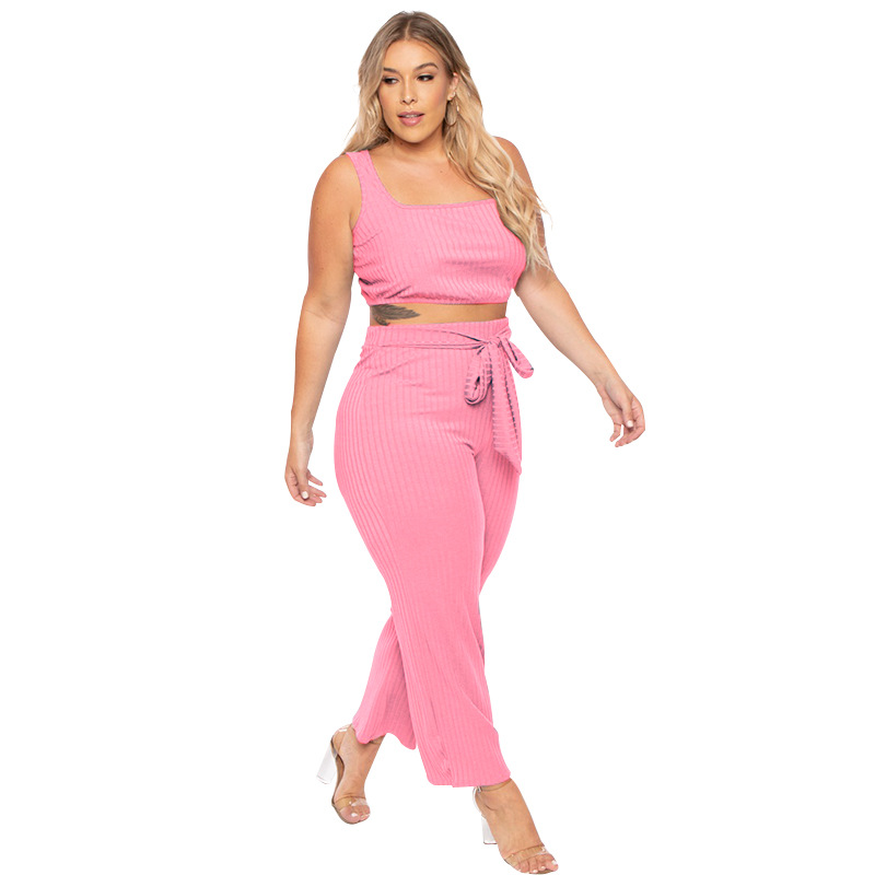 Plus Size Ribbed Crop Top & High Waist Pants Set  Castello Clothing Line   