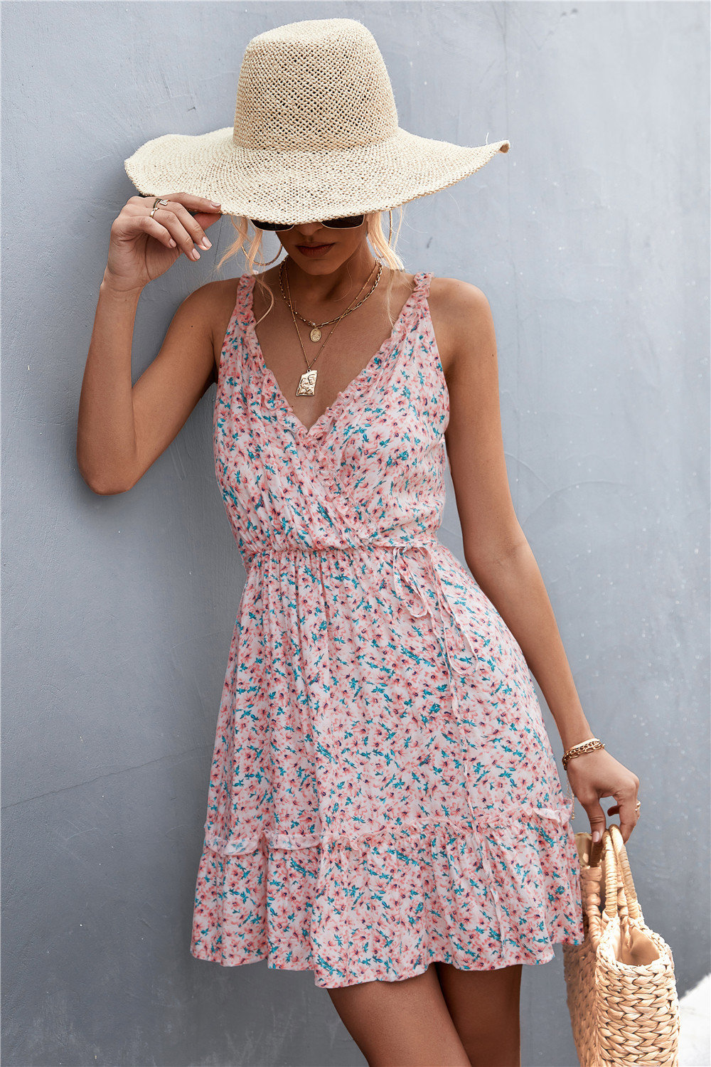 Cora Sleeveless Floral Faux Wrap Ruffle Trim Mini Dress Castello Clothing Line