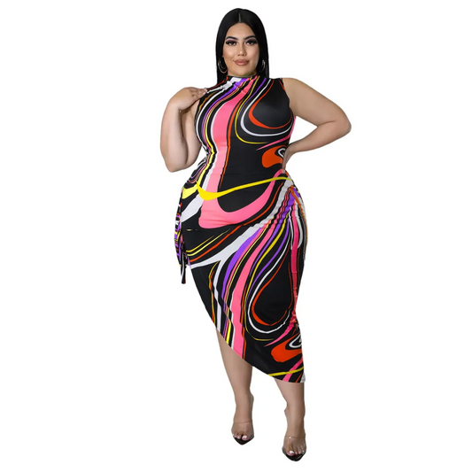 Natalie Plus Size Abstract Print Side Cutout Bodycon Midi Dress midi dress Castello Clothing Line