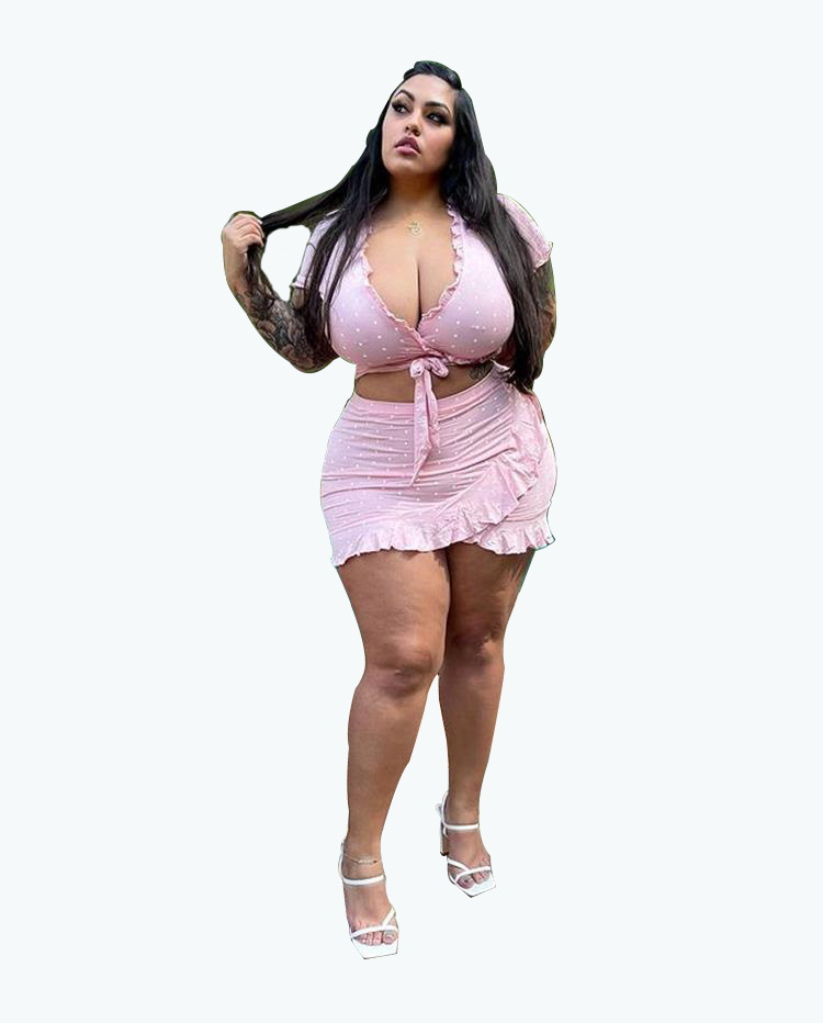 Plus Size Ruffled Polka Dot Wrap Skirt Set - Short Sleeve V-Neck Top & Mini Skirt  Castello Clothing Line   