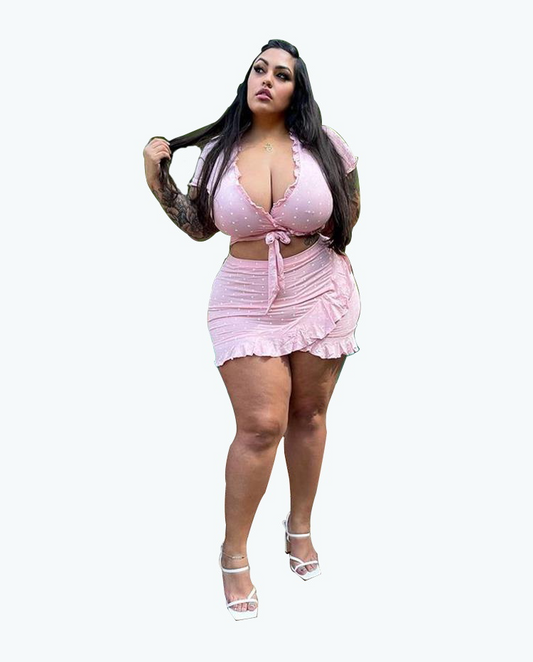 Plus Size Ruffled Polka Dot Wrap Skirt Set - Short Sleeve V-Neck Top & Mini Skirt  Castello Clothing Line   