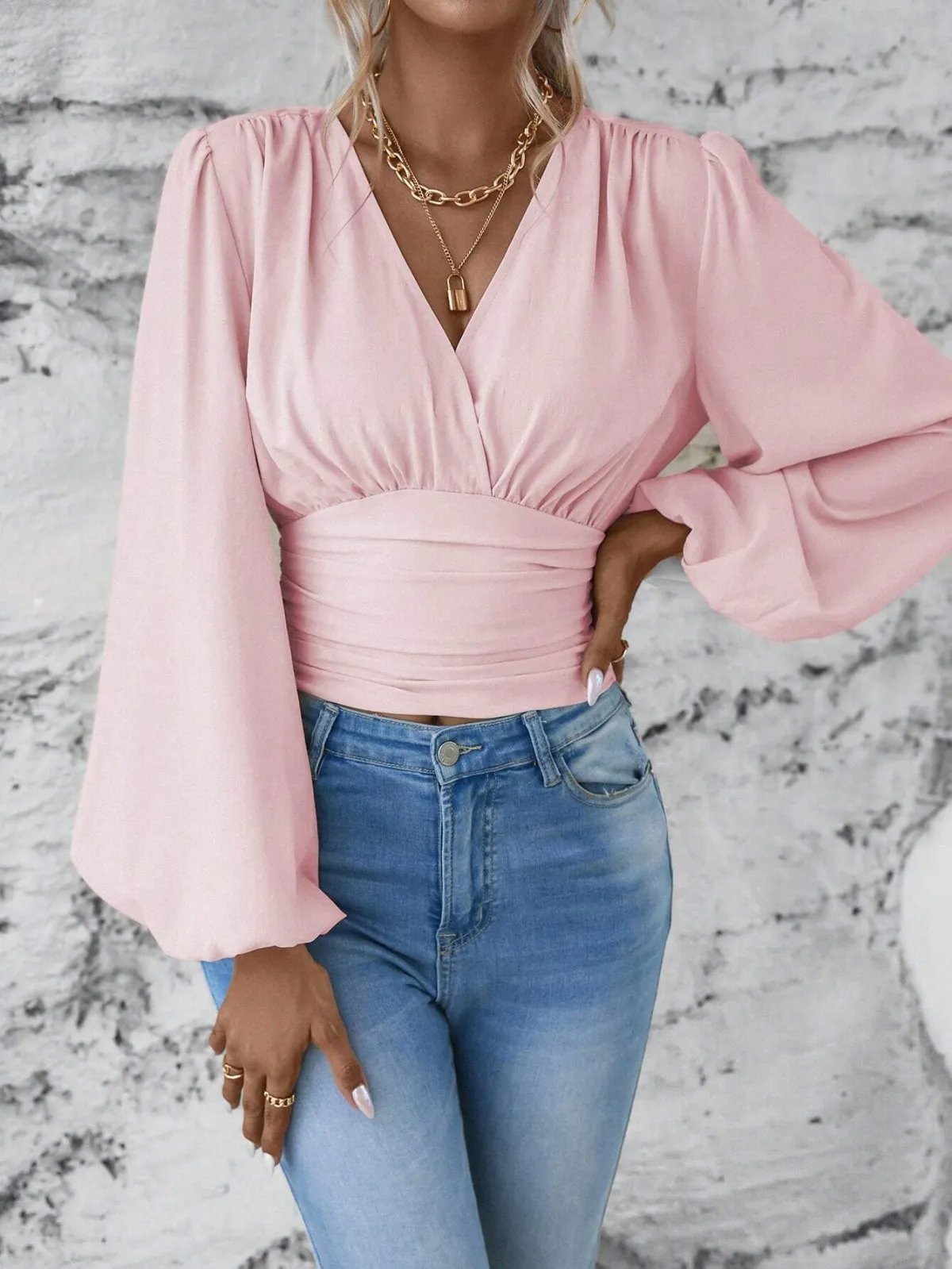 Seraphine Ruched V-Neck Long Sleeve Smocked Crop Top Castello Clothing Line