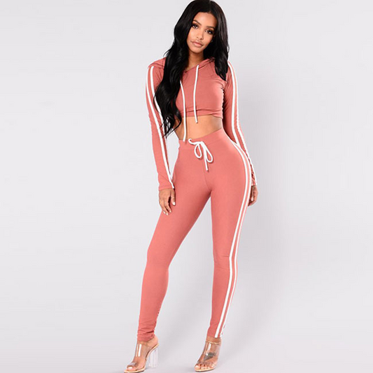 Hooded Crop Top & Pants Set - Color Block, Long Sleeves, High Waist  Castello Clothing Line   