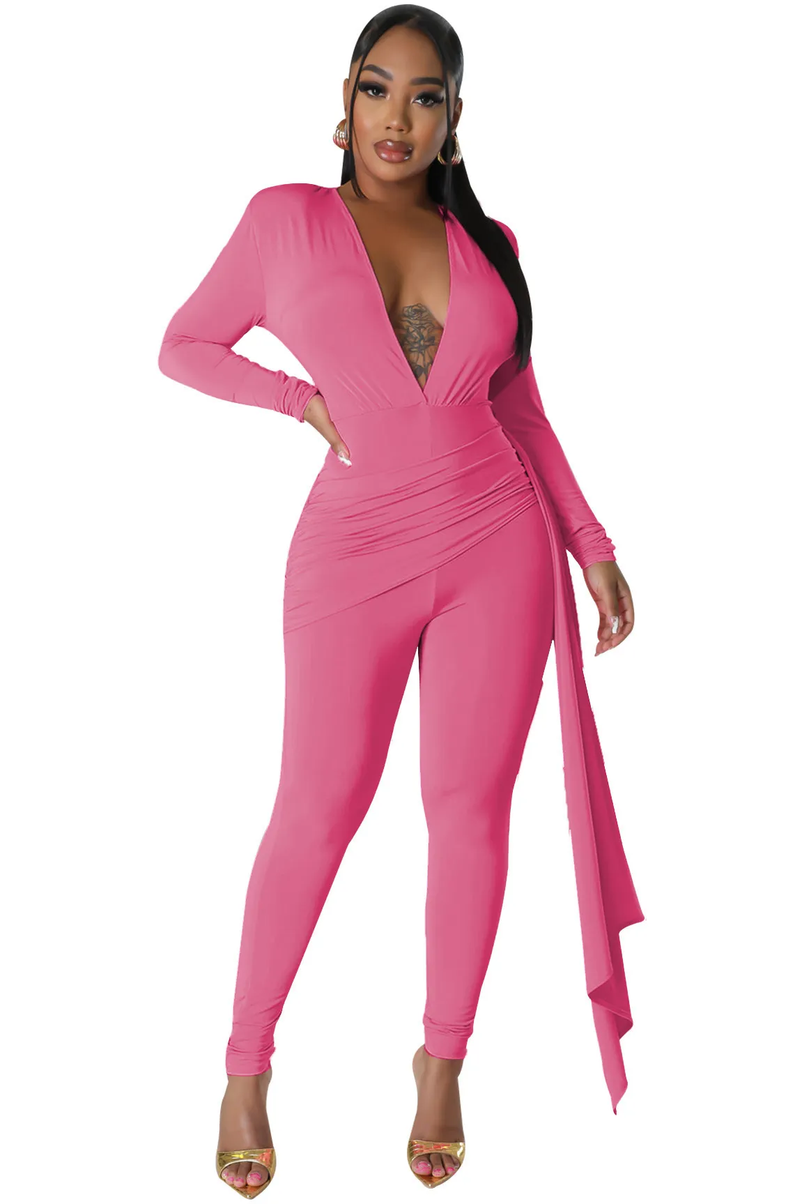 Jinx Long Sleeve Deep V-Neck Ruched Bodycon Jumpsuit women jumpsuits Castello Clothing Line