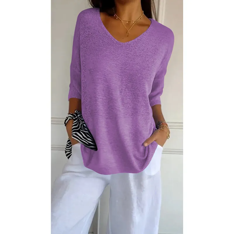 Tango V-Neck Relaxed Knit 3/4 Sleeve Sweater Top Castello Clothing Line