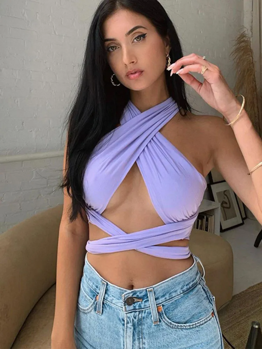 Zarae Versatile Cross-Halter Wrap Crop Top  Castello Clothing Line   