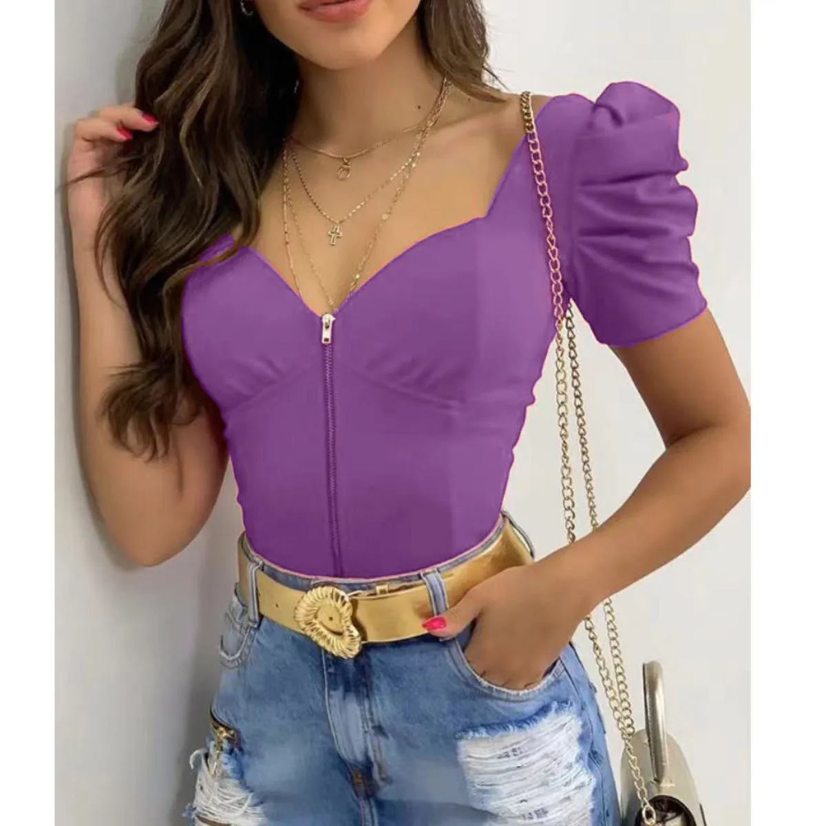 Drama Sweetheart Neck Puff Sleeve Zipper Corset Top Castello Clothing Line