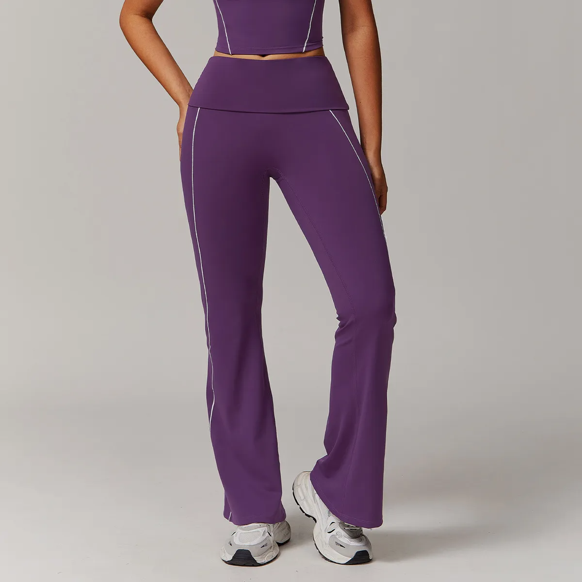 Frenzy Foldover Waist Contrast Stitch Flared Leggings leggings Castello Clothing Line