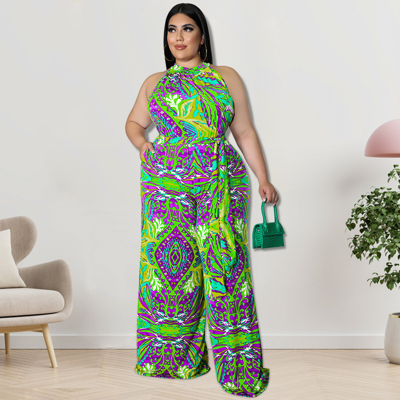 Mariah Sleeveless Printed Halter Tie Waist Wide Leg Jumpsuit women jumpsuits Castello Clothing Line