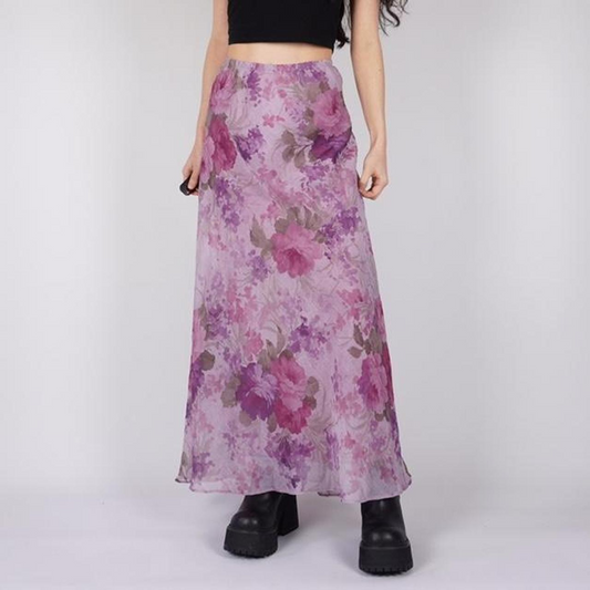 Floral Chiffon Maxi Skirt - Lightweight High Waist Mesh/Polyester  Castello Clothing Line   