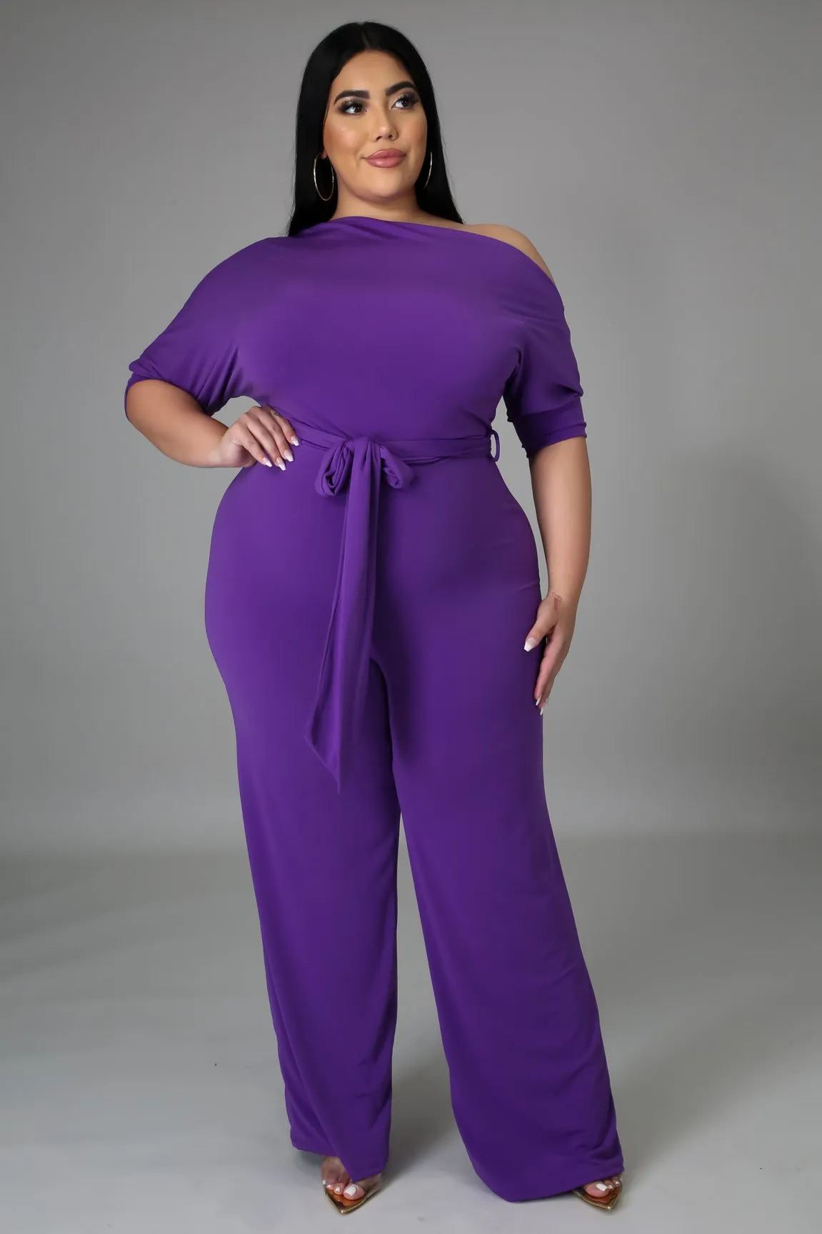 Abigail Plus Size Off-Shoulder Belted Wide-Leg Jumpsuit women jumpsuits Castello Clothing Line
