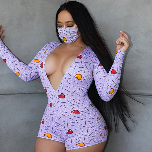 Heartbreaker Plunge Long-Sleeve Printed Romper  Castello Clothing Line   