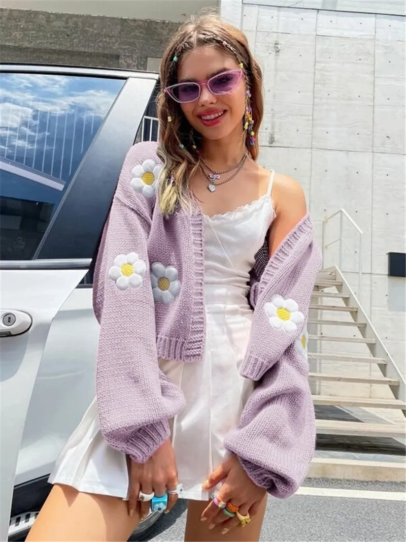 Delight Embroidered Daisy Knit Cropped Cardigan Castello Clothing Line