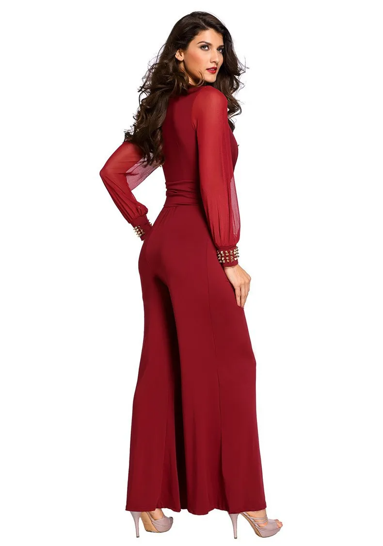 Aaliyah Sheer Sleeve V-Neck Pleated Wide-Leg Jumpsuit women jumpsuits Castello Clothing Line