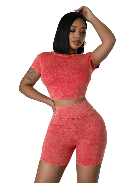 Vibe Acid Wash Crop Top & Biker Shorts Set  Castello Clothing Line   