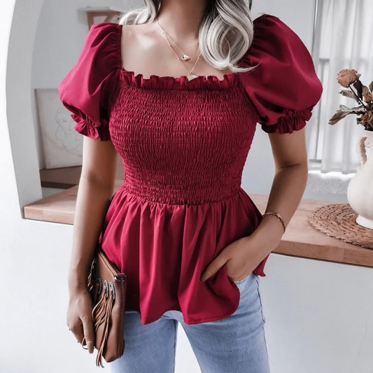 Crown Appeal Smocked Puff Sleeve Peplum Top Castello Clothing Line