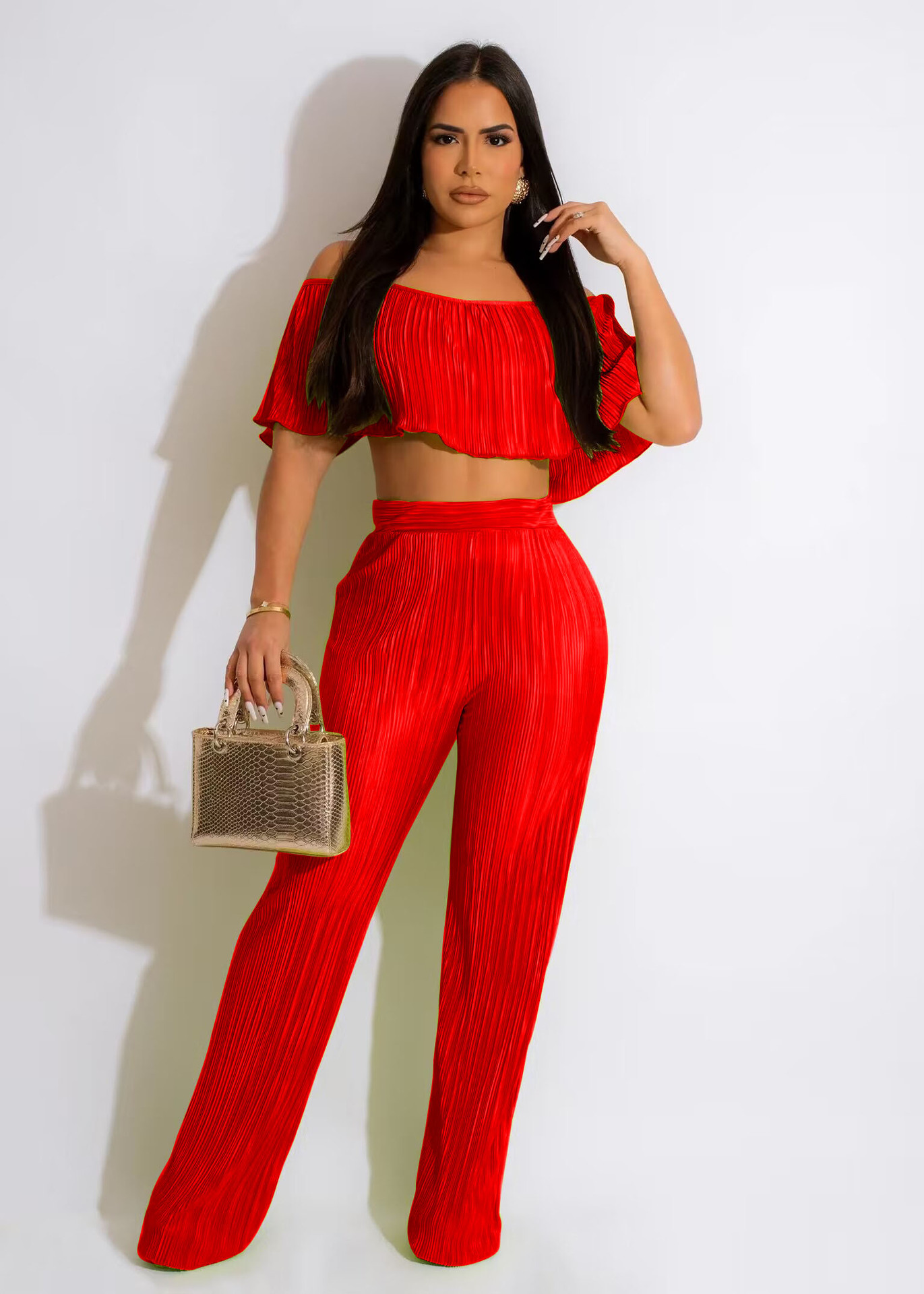 Off Shoulder Ruffled Crop Top & High Waisted Wide Leg Pants Set  Castello Clothing Line   