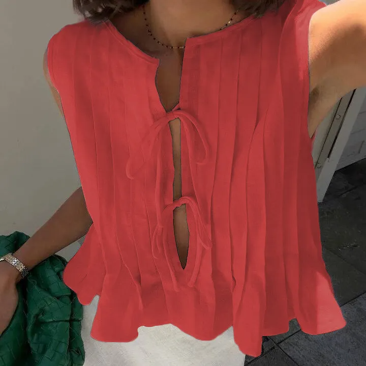 Poise Tie-Front Sleeveless Ruffle Hem Top Castello Clothing Line
