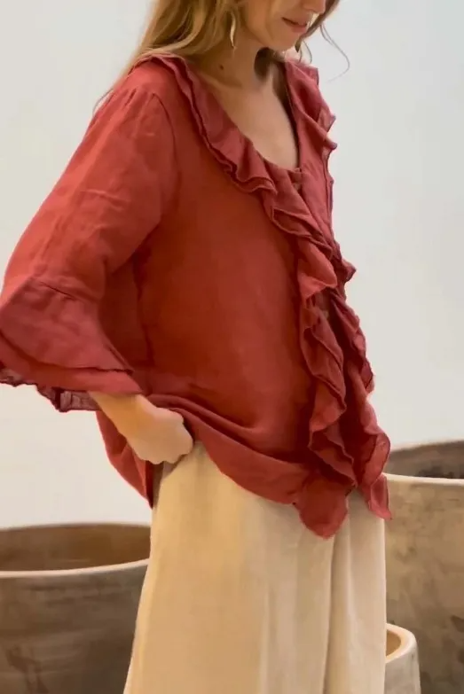 Fleur Ruffle Front 3/4 Sleeve Relaxed Linen Blouse Castello Clothing Line