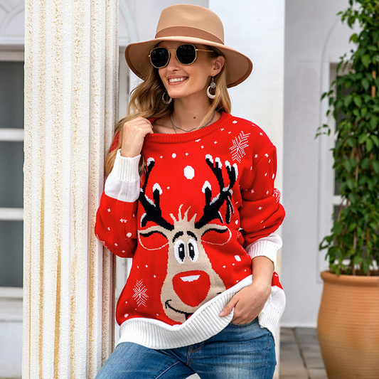 Jolly Reindeer Long Sleeve Knit Holiday Sweater Castello Clothing Line