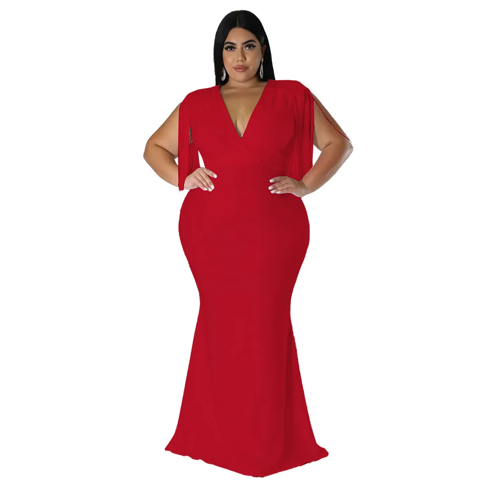 Zadie Plus Size Fringe Sleeve Plunging Trumpet Maxi Dress maxi dress Castello Clothing Line