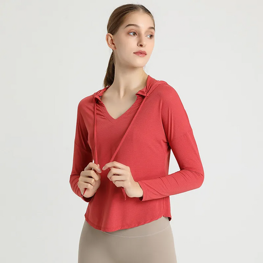 Fifi Long Sleeve Textured Hooded V-Neck Top workout tops and t-shirts Castello Clothing Line
