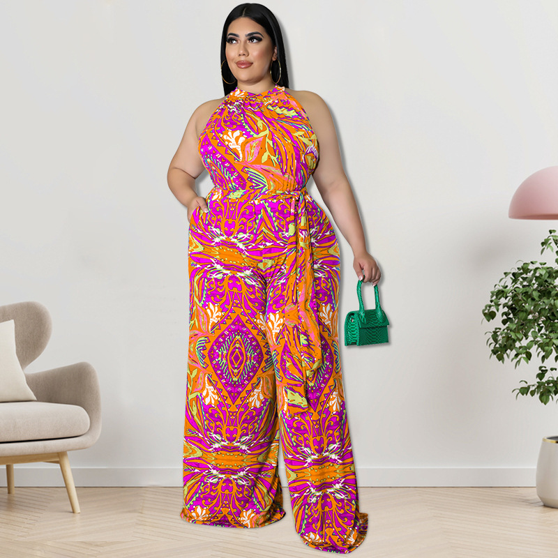 Mariah Sleeveless Printed Halter Tie Waist Wide Leg Jumpsuit women jumpsuits Castello Clothing Line