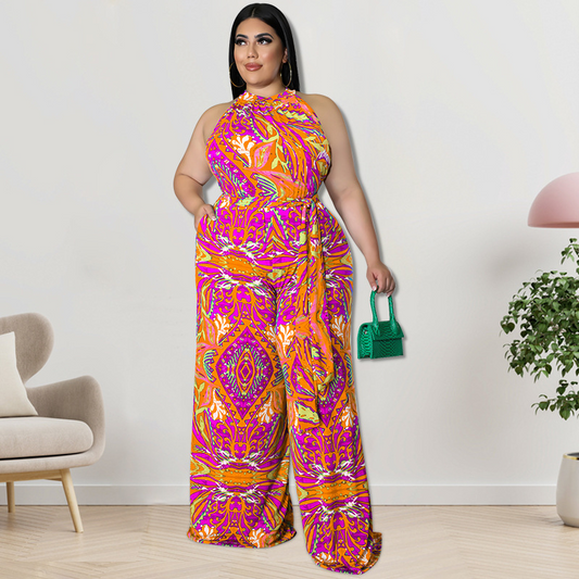 Mariah Sleeveless Printed Halter Tie Waist Wide Leg Jumpsuit women jumpsuits Castello Clothing Line