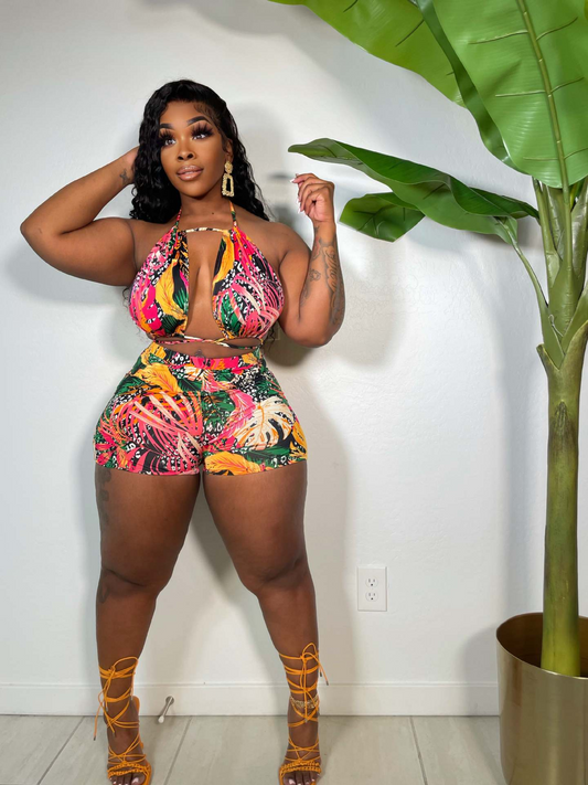 Paradise Tropical Halter Top & High-Waist Shorts Set  Castello Clothing Line   