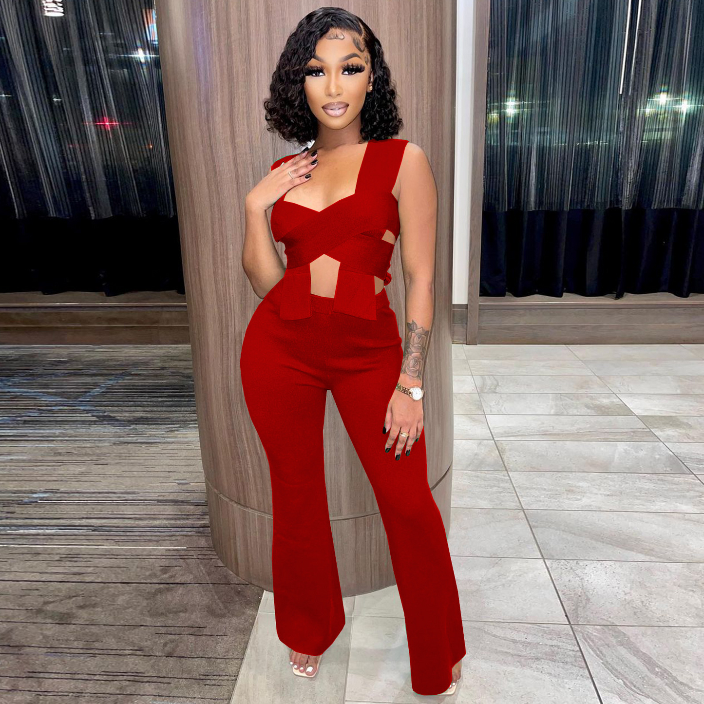 Cutout Bandage Top & High Waist Wide Leg Pants Set  Castello Clothing Line   
