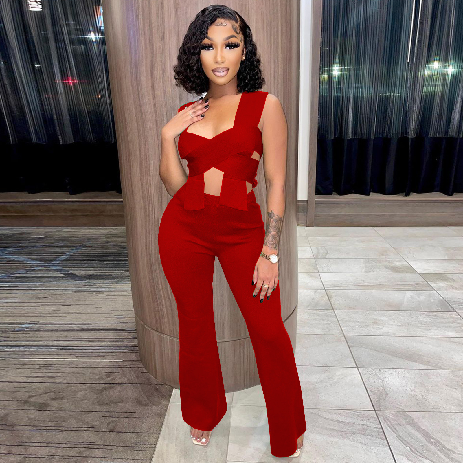 Cutout Bandage Top & High Waist Wide Leg Pants Set  Castello Clothing Line   