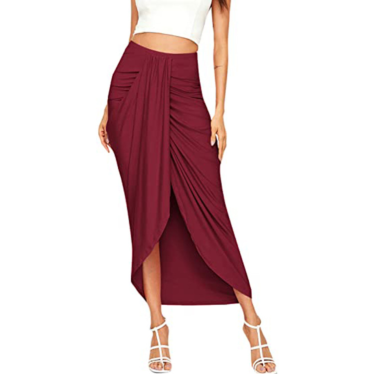High Waist Asymmetrical Wrap Skirt with Elastic Waist in Milk Fiber/Polyester - Flattering Midi Length  Castello Clothing Line   