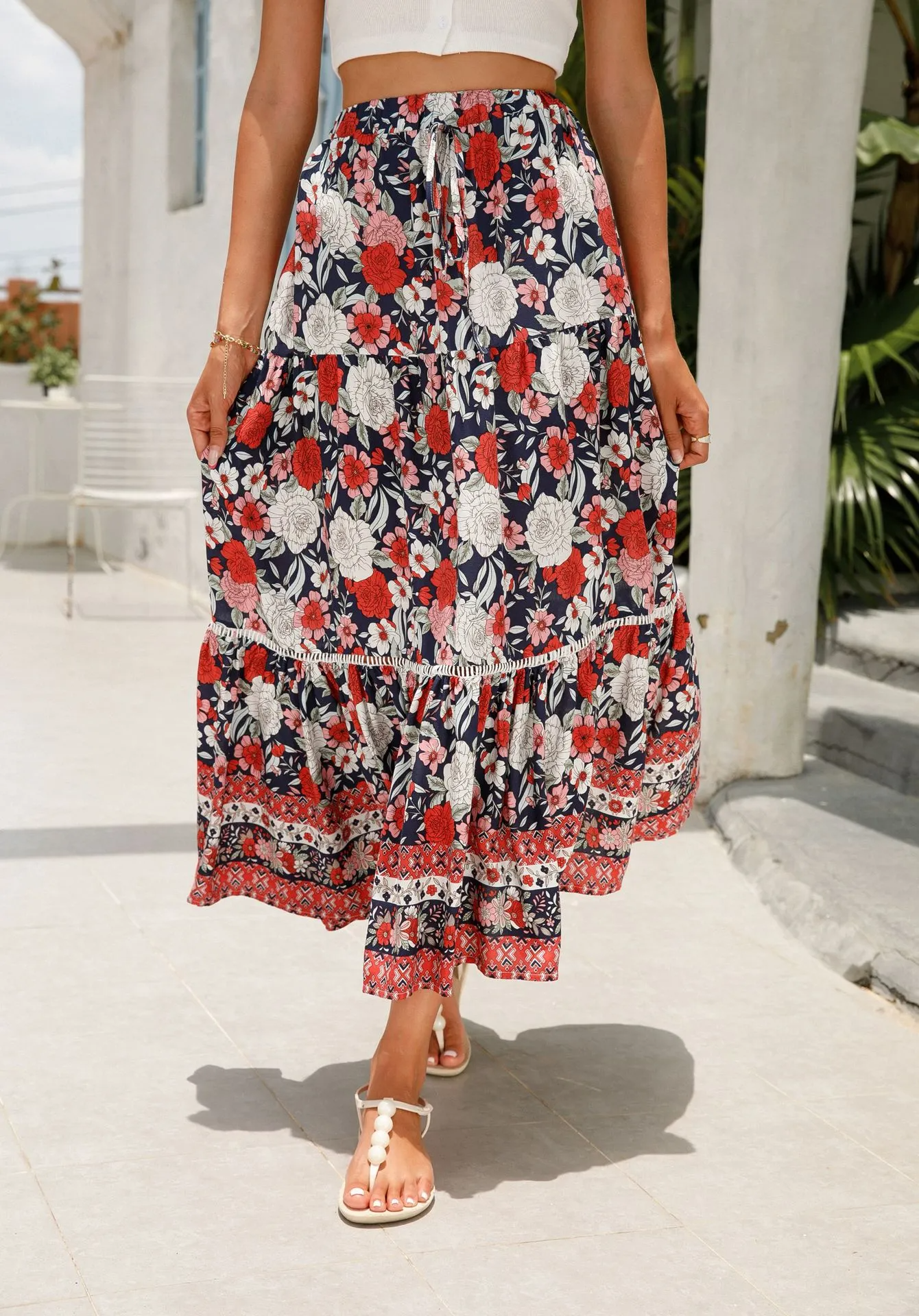 High Waist Floral Maxi Skirt with Stretch Waist Band - Breathable Polyester/Spandex Blend  Castello Clothing Line   