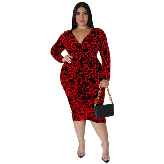 Olivia Plus Ruched Animal Print Long Sleeve Bodycon Midi Dress midi dress Castello Clothing Line