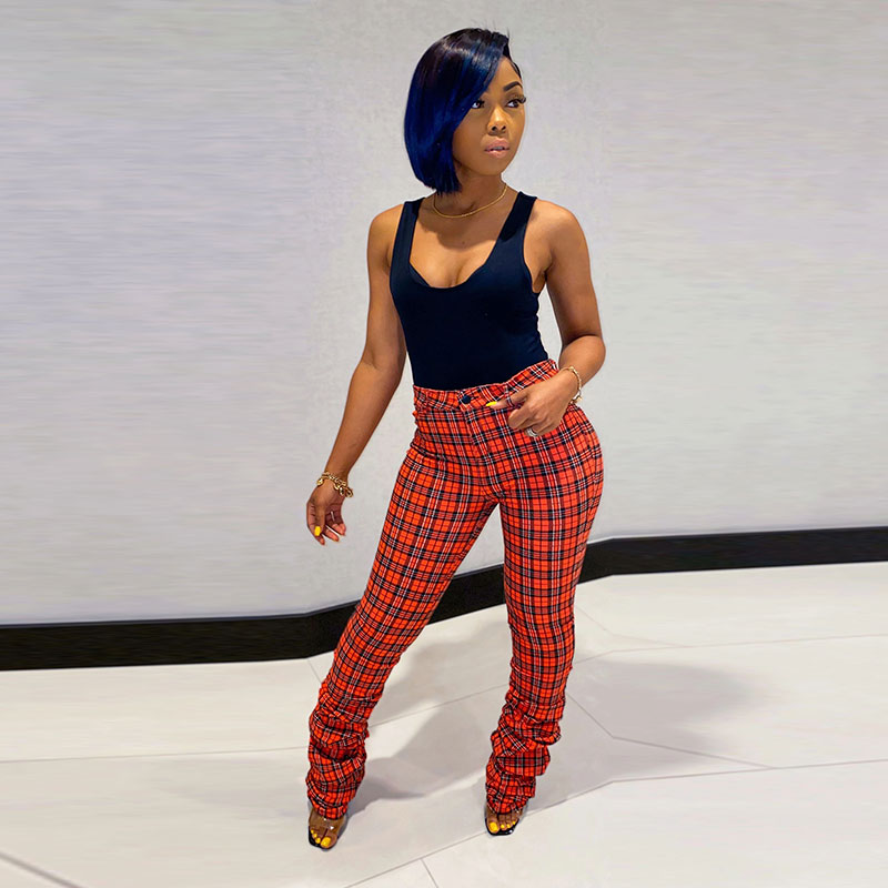 Vienna High-Waist Ruched Plaid Flare Pants Castello Clothing Line