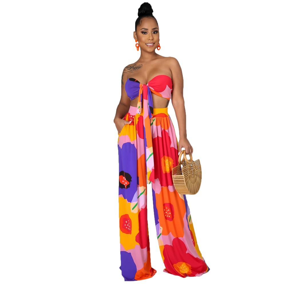 Floral Tube Top & High Waist Pants Set - Pocket Detailed - Polyester  Castello Clothing Line   