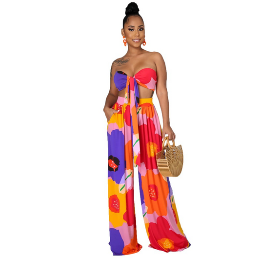 Floral Tube Top & High Waist Pants Set - Pocket Detailed - Polyester  Castello Clothing Line   